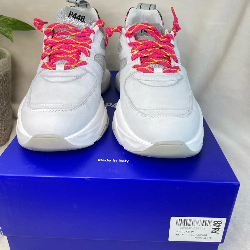 P448 Luke White and Pink Leopard Chunky Trainer Sneakers 39 EU, ( E 538)‎